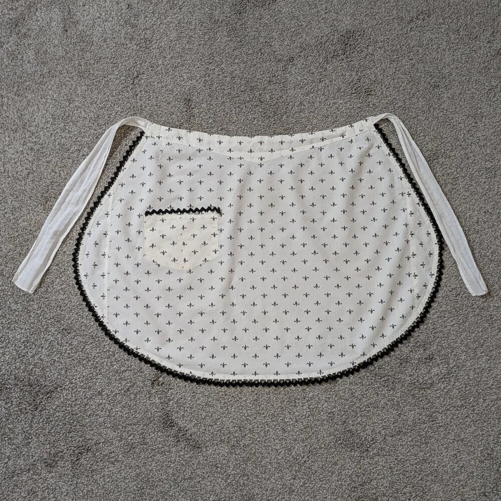 Handmade White/Black Kitchen Half Apron w Rick Rack Trim; Size XS - Small